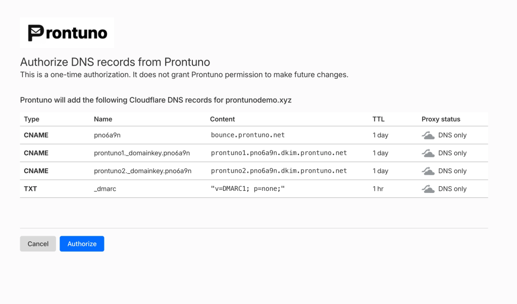 Review and authorize the records directly inside Cloudflare.