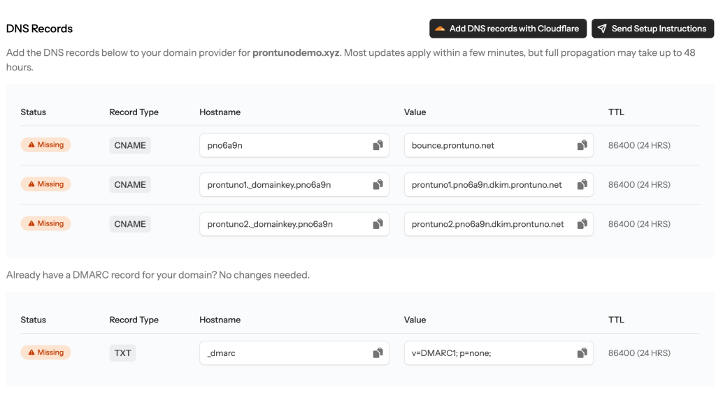 The new “Add DNS records with Cloudflare” button appears when your domain is on Cloudflare.