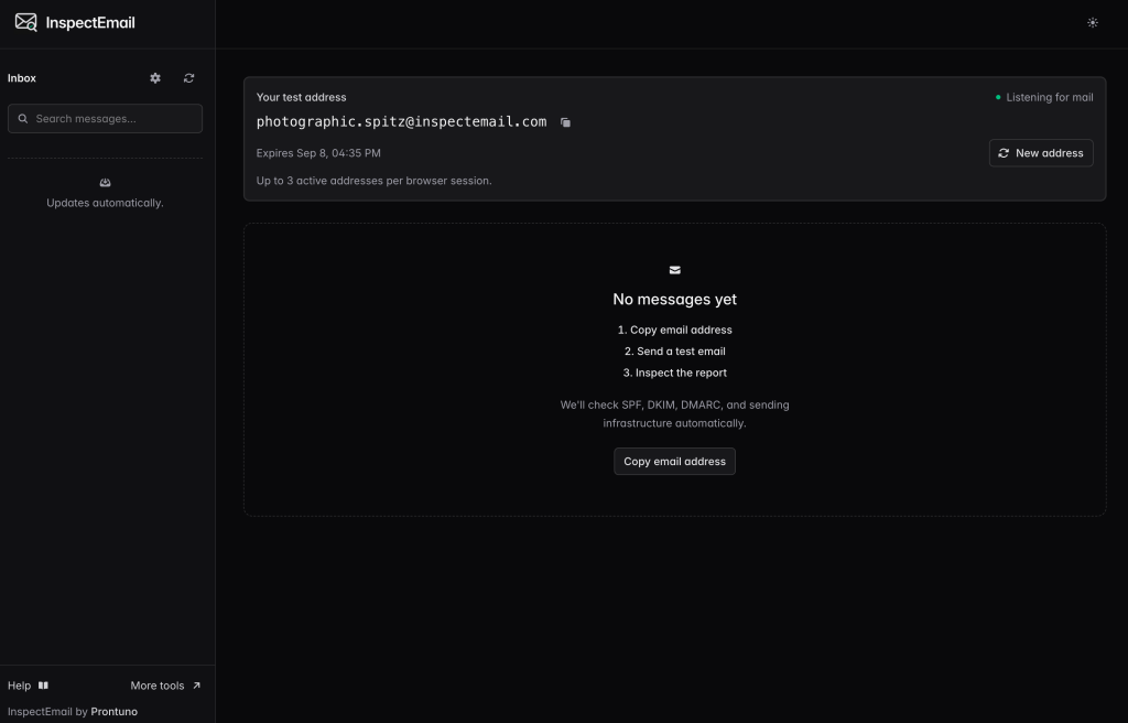 InspectEmail inbox showing a generated test address and instructions for sending a test email